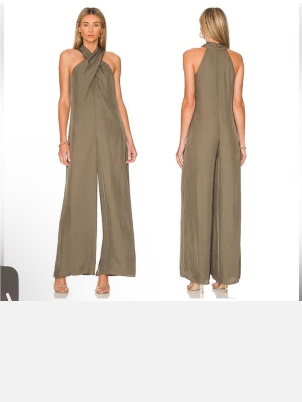 Theory Women's Olive Halter Washed Twill Wide-Leg Jumpsuit Size 4